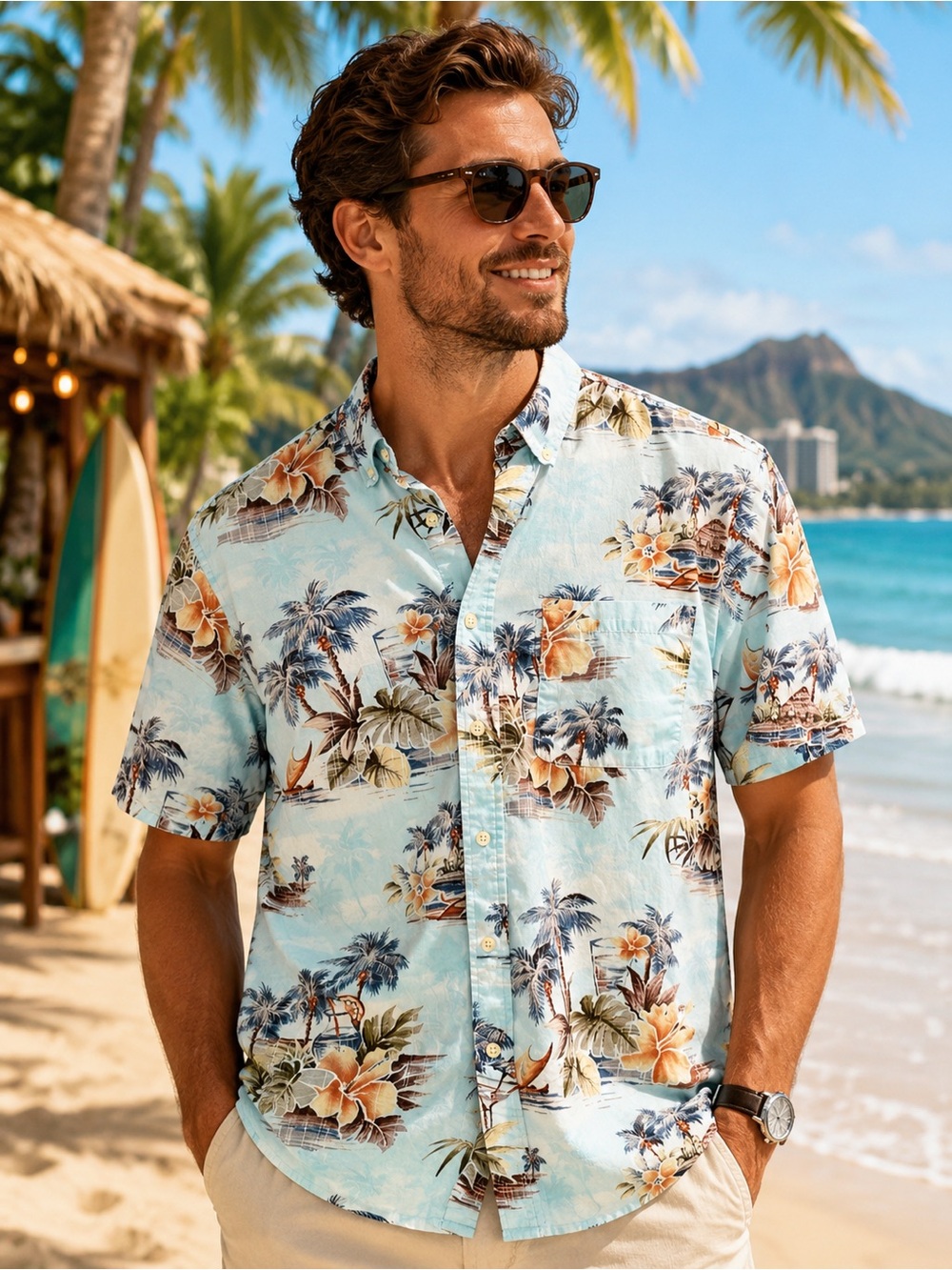 David Taylor Collection Men’s L Hawaiian Tropical Shirt 100% Cotton Blue Floral